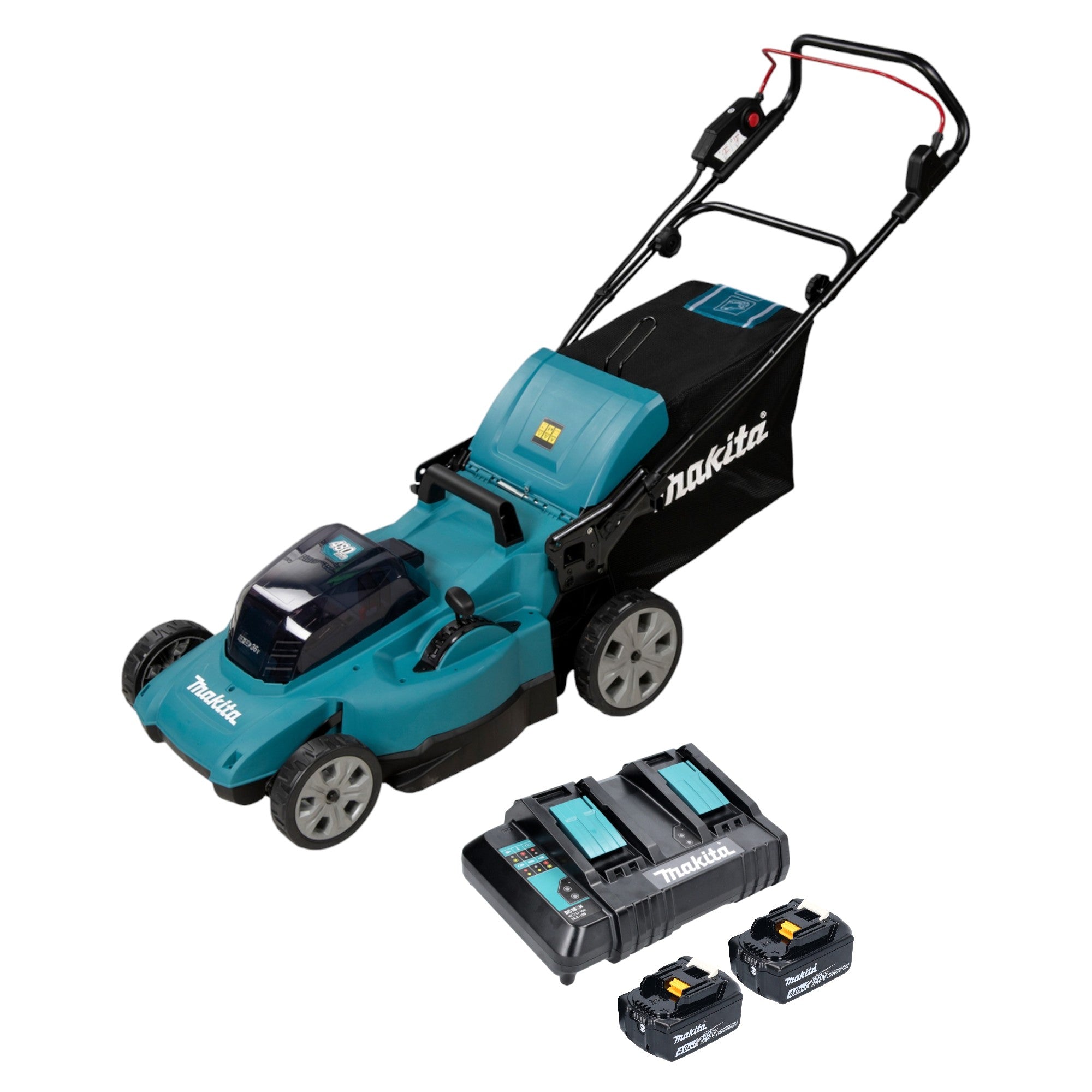 Makita DLM 480 CM2 Akku Rasenmaeher 36 V 2x 18 V 48 cm 62 l 2x Akku 4 0 Ah Ladegeraet  0 - toolbrothers