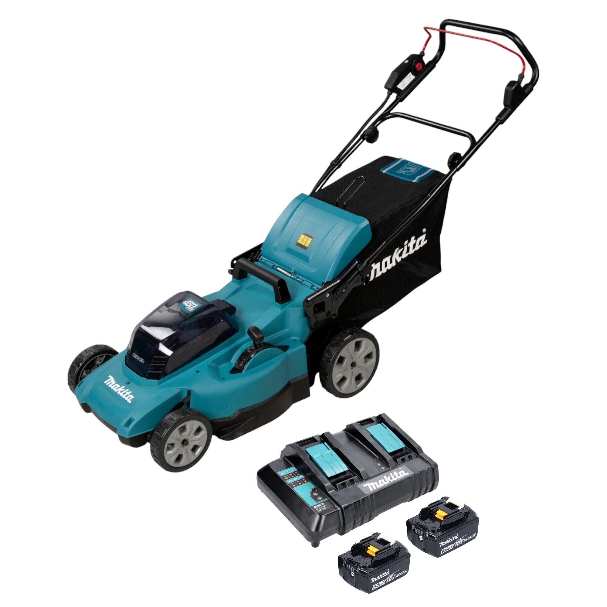 Makita DLM 480 CG2 Akku Rasenmaeher 36 V 2x 18 V 48 cm 62 l 2x Akku 6 0 Ah Ladegeraet  0 - toolbrothers