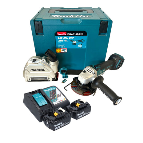 Amoladora angular a batería Makita DGA 514 RGJU1 18 V 125 mm sin escobillas + 2x baterías 6,0 Ah + cargador + Makpac