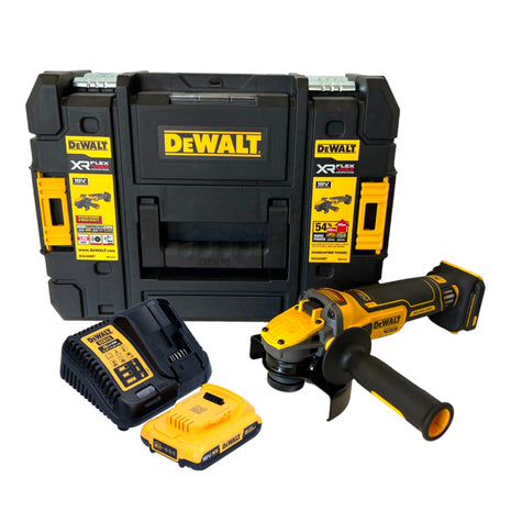 Amoladora angular a batería DeWalt DCG 409 D1T 18 V 125 mm sin escobillas + 1x batería 2,0 Ah + cargador + TSTAK