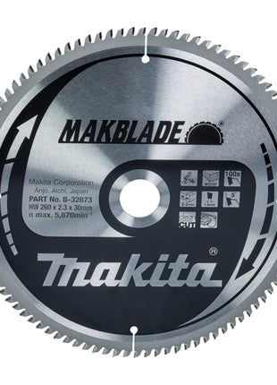 Makita MAKBLADE Kreissägeblatt 260 x 30 x 2,3 mm 100 Zähne ( B-32873 ) für Holz