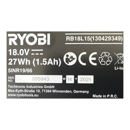 Ryobi RB18L15 rechargeable battery 18 V 1.5 Ah / 1500 mAh Li-Ion ONE+ ( 5133001905 ) with charge level indicator