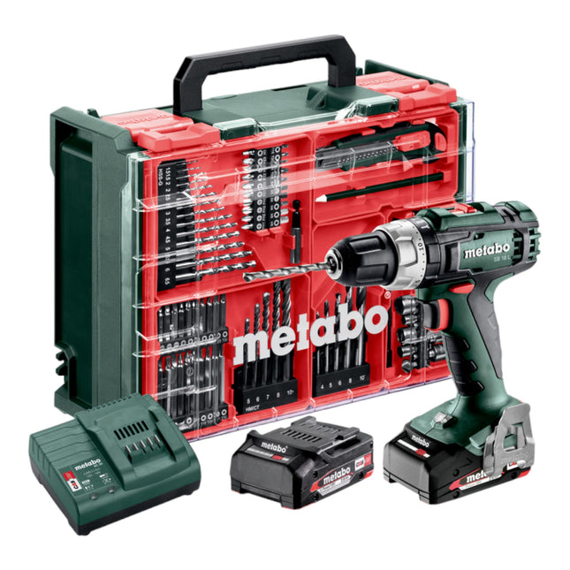 Metabo SB 18 L Set taladradora de percusión a batería 18 V 50 Nm ( 602317710 ) + 2x batería recargable 2,0 Ah + cargador + 78 piezas taller móvil + maletín