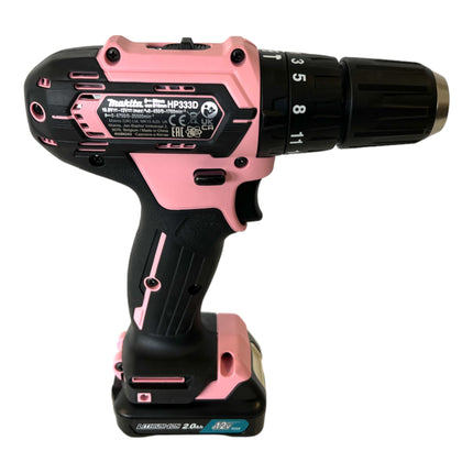 Makita HP 333 DSAP1 Akku Schlagbohrschrauber 12 V 30 Nm Pink + 1x Akku 2,0 Ah + Ladegerät + Tasche