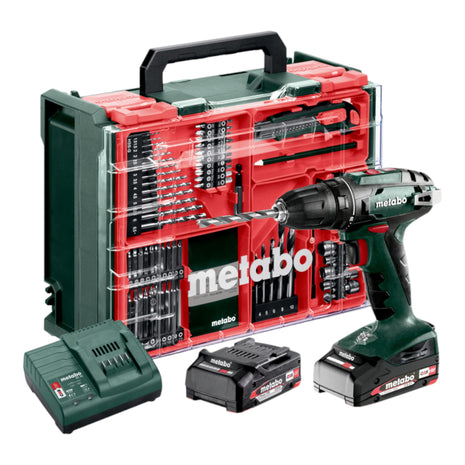 Metabo BS 18 Set trapano avvitatore a batteria 18 V 48 Nm ( 602207710 ) + 2x batteria 2,0 Ah + caricatore + 74 pezzi officina mobile + valigetta