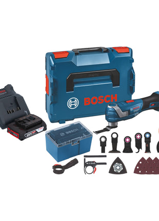 Bosch GOP 18V-34 Professional Akku Multi Cutter 18 V Starlock Plus + 1x Akku 2,0 Ah + Ladegerät + 17 tlg. Zubehör + L-Boxx