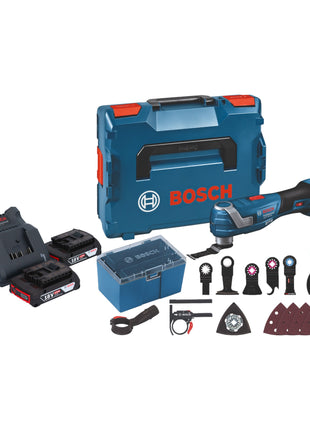 Bosch GOP 18V-34 Professional Akku Multi Cutter 18 V Starlock Plus + 2x Akku 2,0 Ah + Ladegerät + 17 tlg. Zubehör + L-Boxx