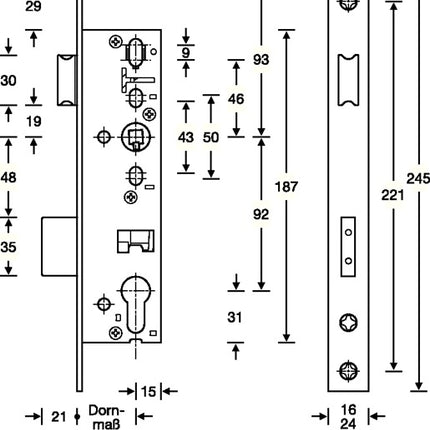 SSF Cerradura de embutir de marco tubular ( 3324024332 ) PZW 24/35/92/8 mm DIN izquierda / derecha cerradura de embutir tiro 21 mm 245 mm