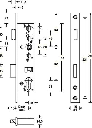 SSF Tubular frame mortise lock ( 3324024269 ) PZW 24/45/92/8 mm DIN left / right deadbolt recess 15 mm 245 mm