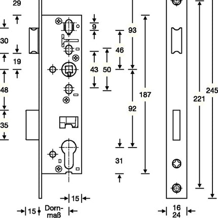 SSF Cerradura de embutir de marco tubular ( 3324024269 ) PZW 24/45/92/8 mm DIN izquierda/derecha hueco para cerrojo 15 mm 245 mm