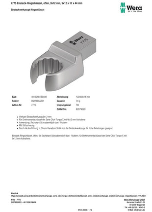 Wera Einsteckringschlüssel 7775 ( 8000377418 ) Schlüsselweite 17 mm 9 x 12 mm