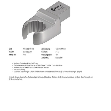 Wera box spanner 7775 ( 8000377418 ) Width across flats 17 mm 9 x 12 mm