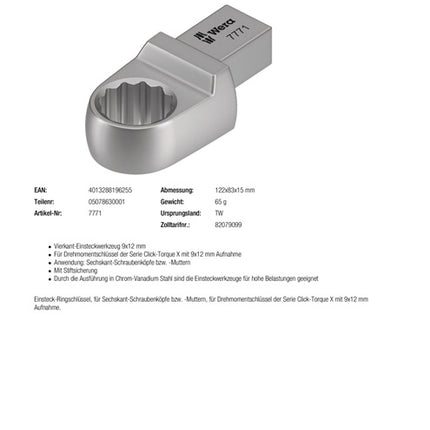 Wera box spanner 7771 ( 8000377406 ) Width across flats 17 mm 9 x 12 mm
