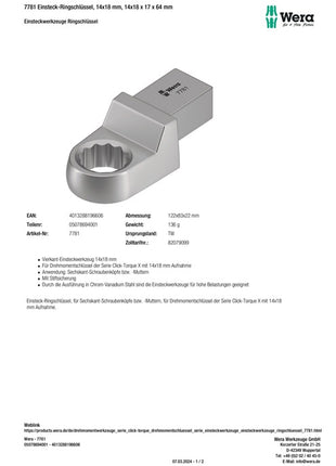 Llave de estrella de inserción Wera 7781 (8000377426) tamaño de llave 17 mm 14 x 18 mm