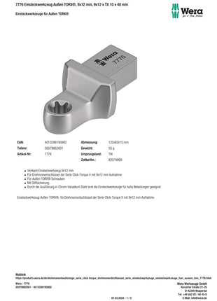 Wera Einsteckschlüssel 7776 ( 8000377438 ) Schlüsselweite TX 10 9 x 12 mm