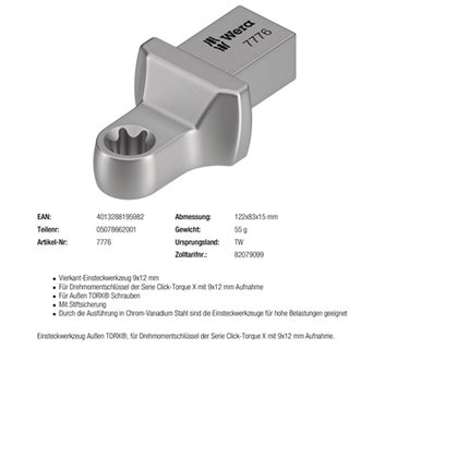 Wera socket spanner 7776 ( 8000377438 ) Width across flats TX 10 9 x 12 mm