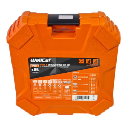 Set di punte e trapani WellCut da 56 pezzi ( WC-DB56 ) PH / PZ / HEX / Schiltz / TX / Robertson metallo / legno / pietra trapano + sega a tazza 32 - 54 mm