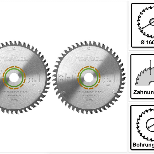 Festool Feinzahn Kreissägeblatt HW 160 x 20 x 2,2 mm W48 160 mm 48 Zähne ( 2 x 491952 ) - Toolbrothers