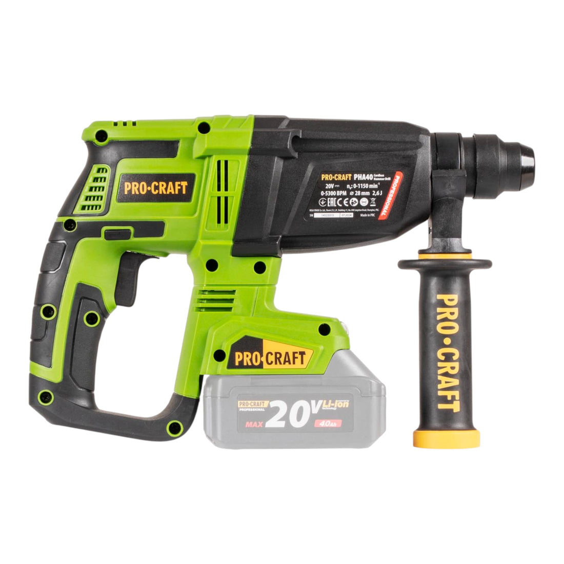 Procraft PHA40bb Akku Bohrhammer 20 V 2,6 J SDS plus Brushless Solo - ohne Akku, ohne Ladegerät