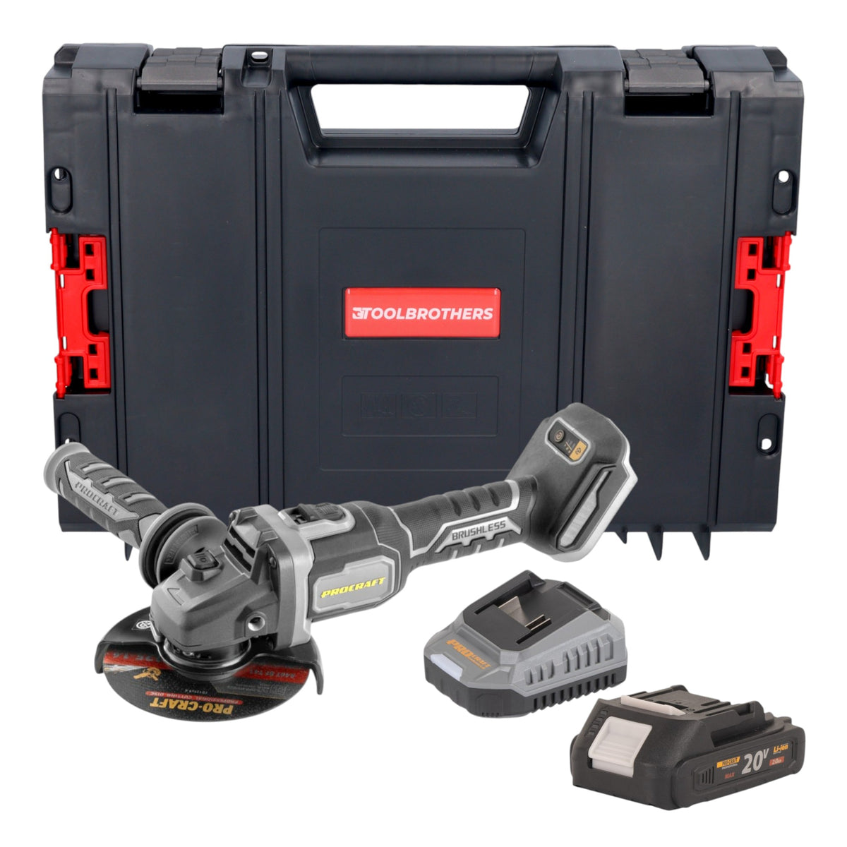 Procraft Industrial AG125Bbb Akku Winkelschleifer 20 V 125 mm Brushless + 1x Akku 2,0 Ah + Ladegerät + RHINO Toolcase
