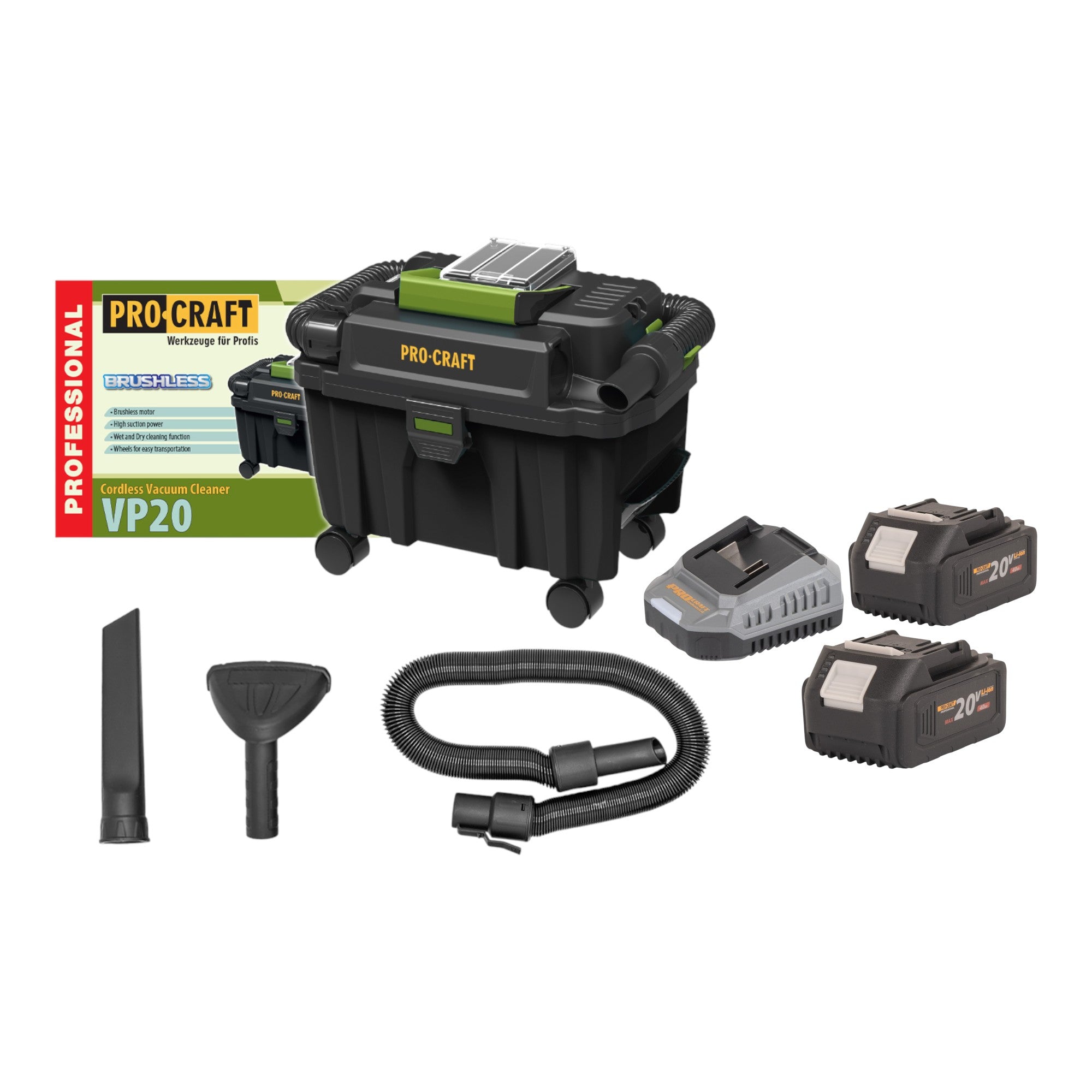 Procraft VP20 Akku Industriesauger 20 V 10 l Brushless 2x Akku 4 0 Ah Ladegeraet 0 - toolbrothers