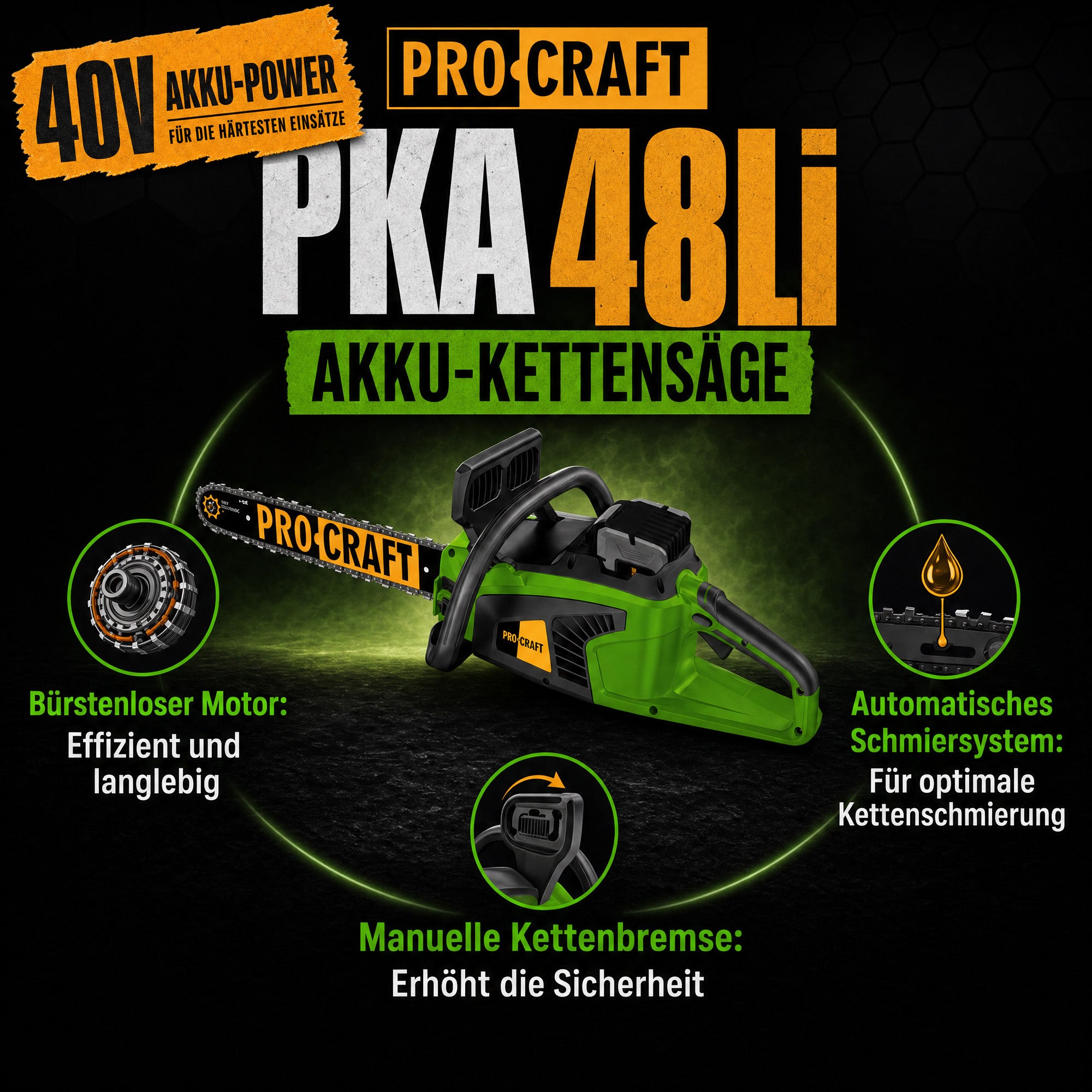 Procraft PKA48Li Akku Kettensaege 40 V 406 mm Brushless 1x Akku 8 0 Ah Ladegeraet 1 - toolbrothers
