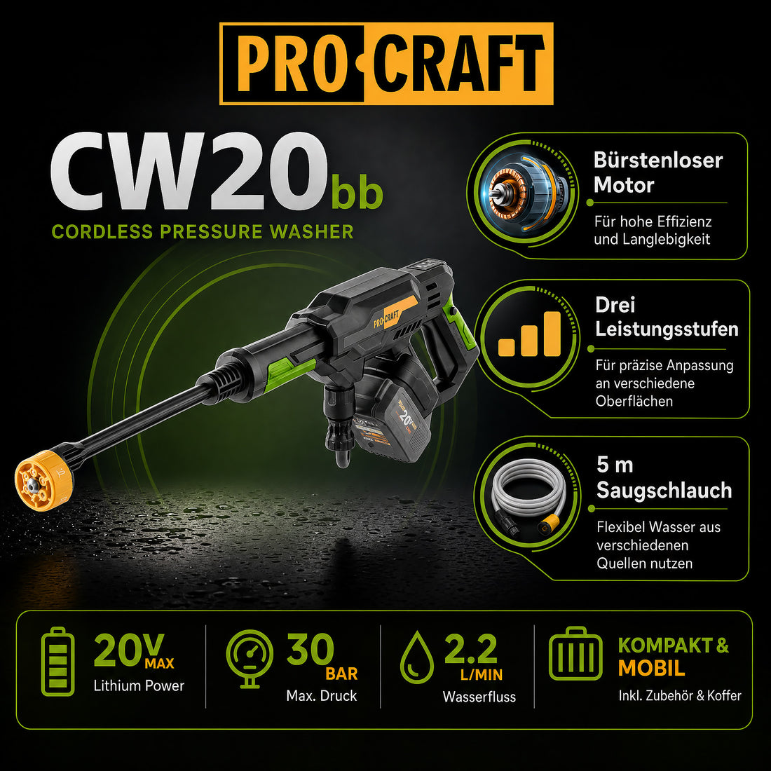Procraft CW20bb Akku Hochdruckreiniger 20 V 30 bar 180 l/h Brushless + Koffer - ohne Akku, ohne Ladegerät