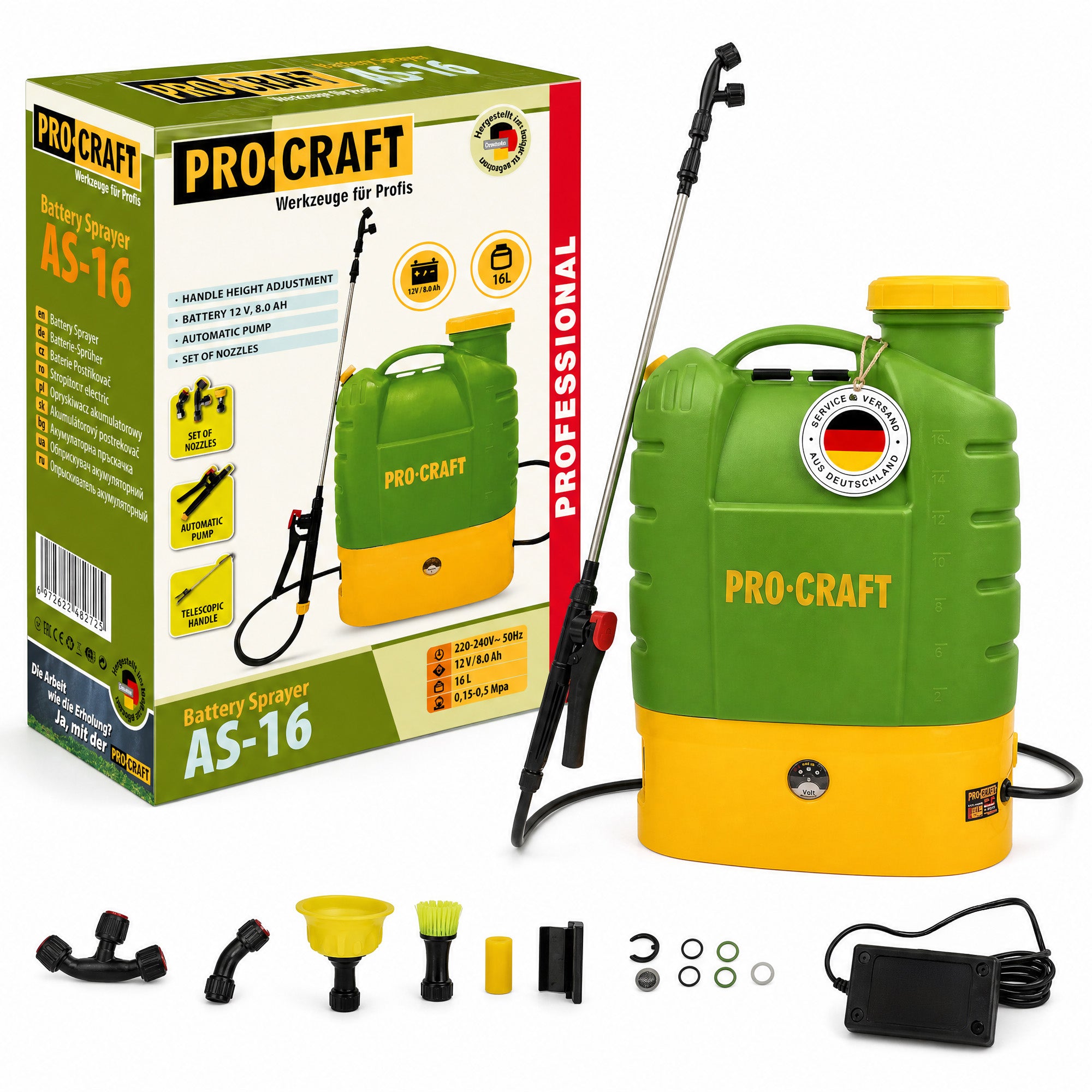 Procraft AS 16 Akku Spruehgeraet 12 V 16 l 5 5 bar integrierter Akku 8 0 Ah Ladegeraet 0 - toolbrothers