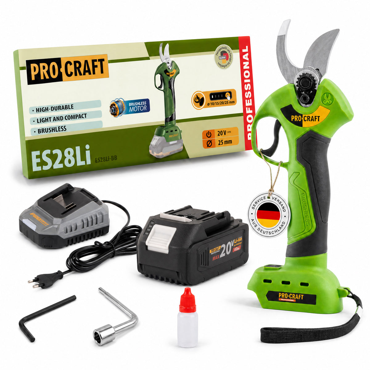 Procraft ES28Li bb Akku Astschere Gartenschere 20 V 25 mm + 1x Akku 4,0 Ah + Ladegerät