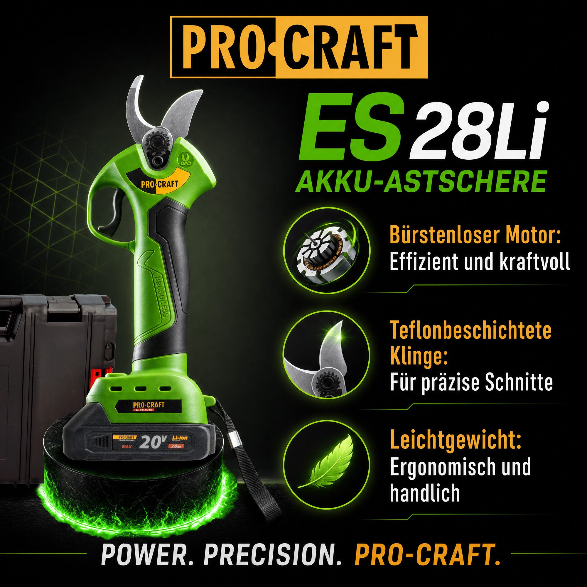 Procraft ES28Li bb Akku Astschere Gartenschere 20 V 25 mm 1x Akku 2 0 Ah RHINO Toolcase ohne Ladegeraet 1 - toolbrothers