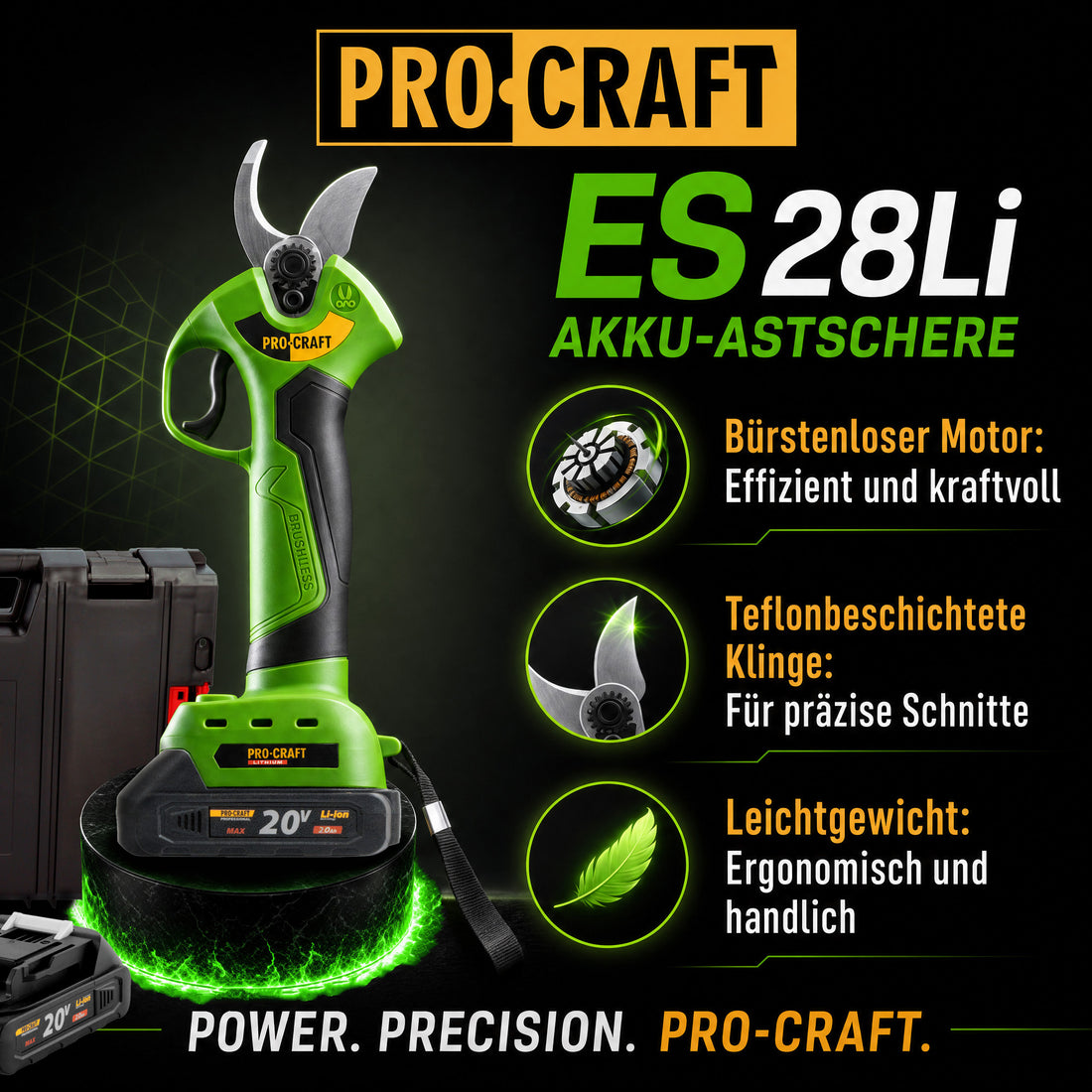 Procraft ES28Li bb Akku Astschere Gartenschere 20 V 25 mm + 2x Akku 2,0 Ah + Ladegerät + RHINO Toolcase