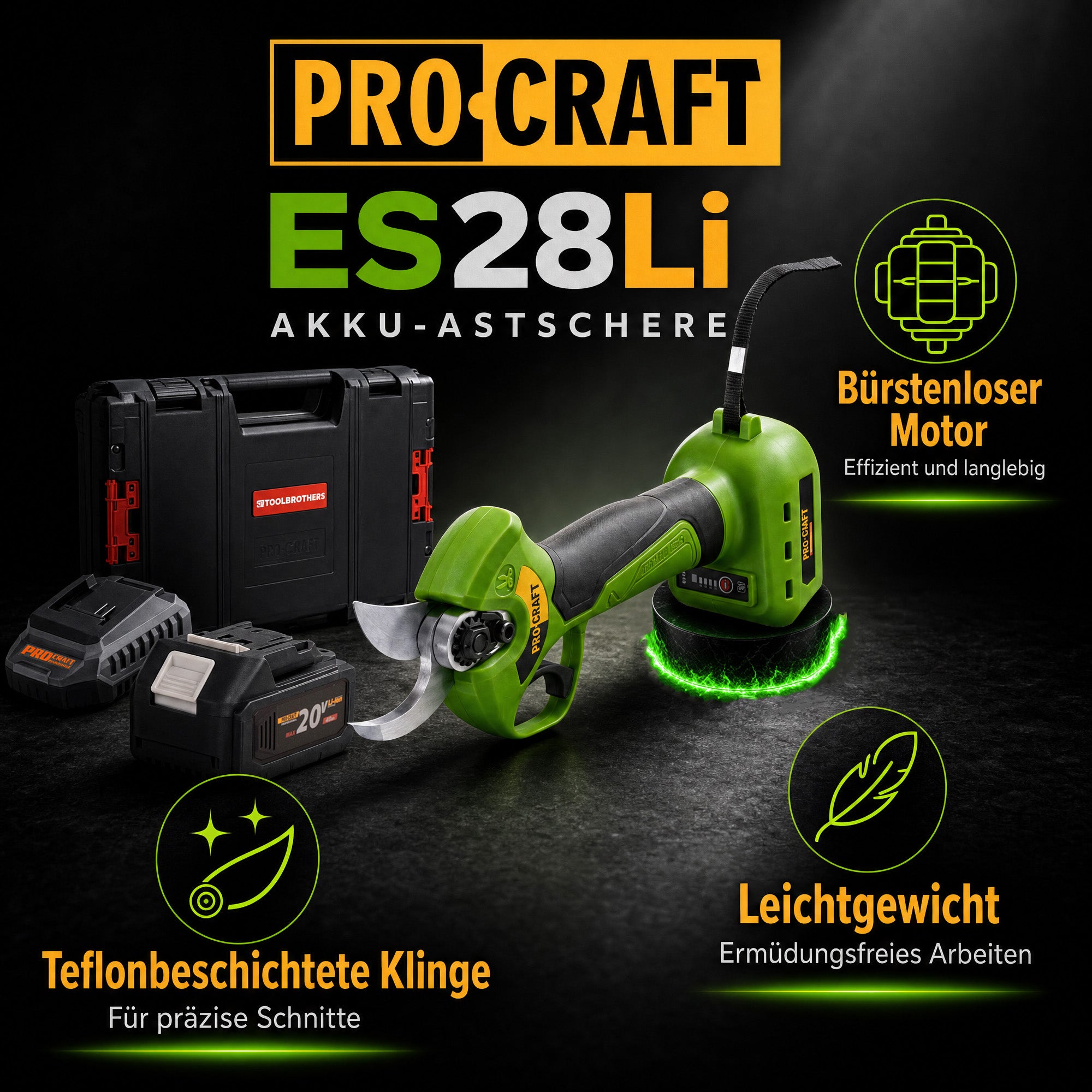 Procraft ES28Li bb Akku Astschere Gartenschere 20 V 25 mm 1x Akku 4 0 Ah Ladegeraet RHINO Toolcase 1 - toolbrothers