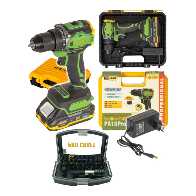 Procraft PA18Pro Akku Bohrschrauber 20 V 30 Nm Brushless 1x Akku 1 5 Ah Ladegeraet 32 tlg Bit Set Koffer 0 - toolbrothers