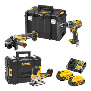 DeWalt DCK 329 P2T Akku Kombopack Set 18 V DCD 796 Schlagbohrschrauber + DCG 405 Winkelschleifer + DCS 335 Stichsäge + 2x Akku 5,0 Ah + Ladegerät + 2x TSTAK