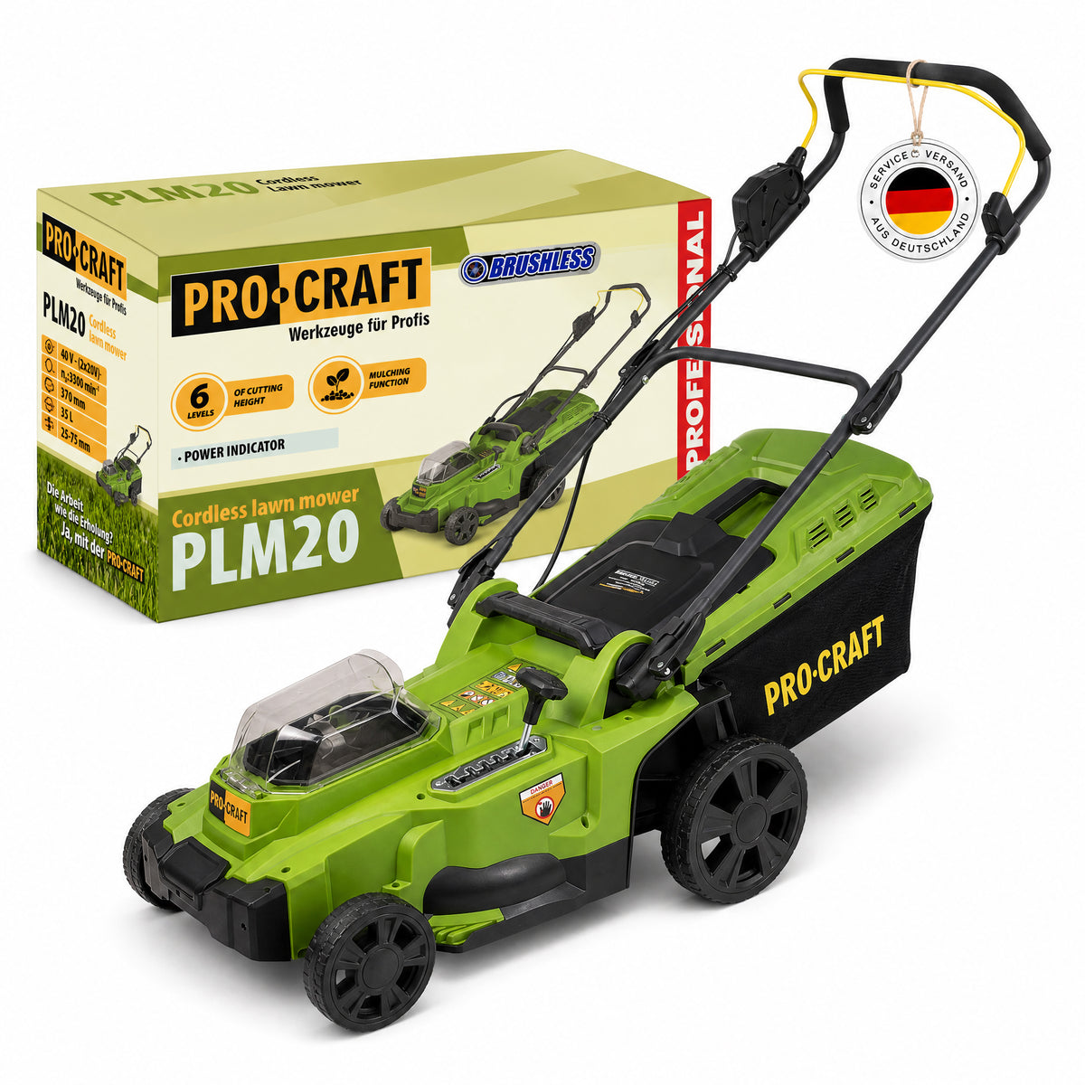 Procraft PLM20bb Akku Rasenmäher 40 V ( 2x 20 V ) 370 mm Brushless Solo - ohne Akku, ohne Ladegerät
