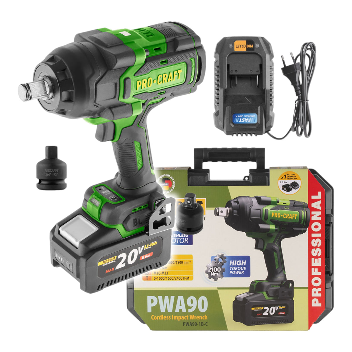Procraft PWA90 Akku Schlagschrauber 20 V 2100 Nm 3/4" Brushless + 1x Akku 4,0 Ah + Ladegerät + Koffer