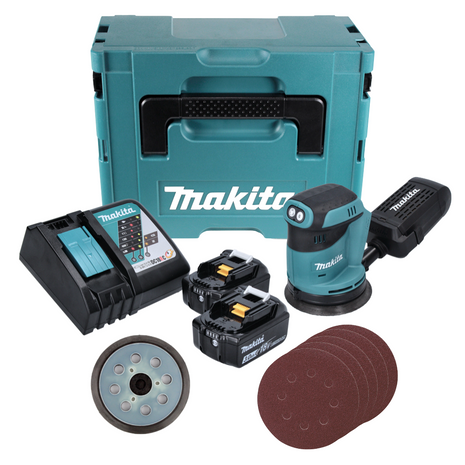 Makita DBO 180 RFJ Akku Exzenterschleifer 18 V 125 mm + Schleifteller + 50x Schleifpapier K80 + 2x Akku 3,0 Ah + Ladegerät + Makpac - Toolbrothers