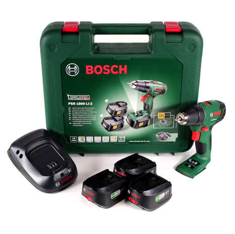 Bosch Heimwerker PSR 1800 Li-2 3X 18 V Akku Bohrschrauber im Transportkoffer + 3 x 1,5 Ah Akku + Ladegerät ( 06039A3102 ) - Toolbrothers