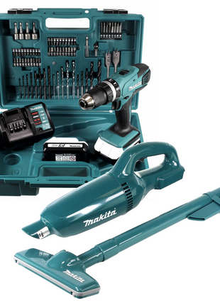 Makita HP 457 DWE Akku Schlagbohrschrauber 18V 42Nm + Akku Staubsauger + 2x Akkus 1,5Ah + Lader + 74-tlg. Zubehörset im Koffer - Toolbrothers