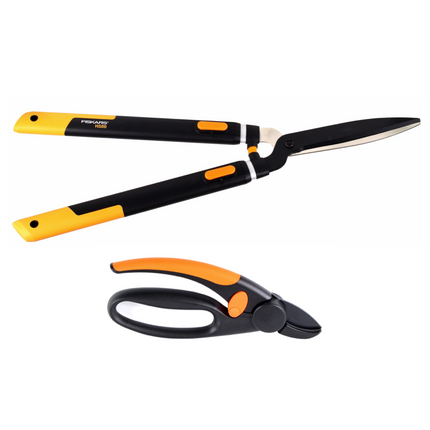 Fiskars Set 1x Teleskop Heckenschere HS86 68 cm auf 93 cm + 1x P43 Amboss Gartenschere Fingerloop - Toolbrothers