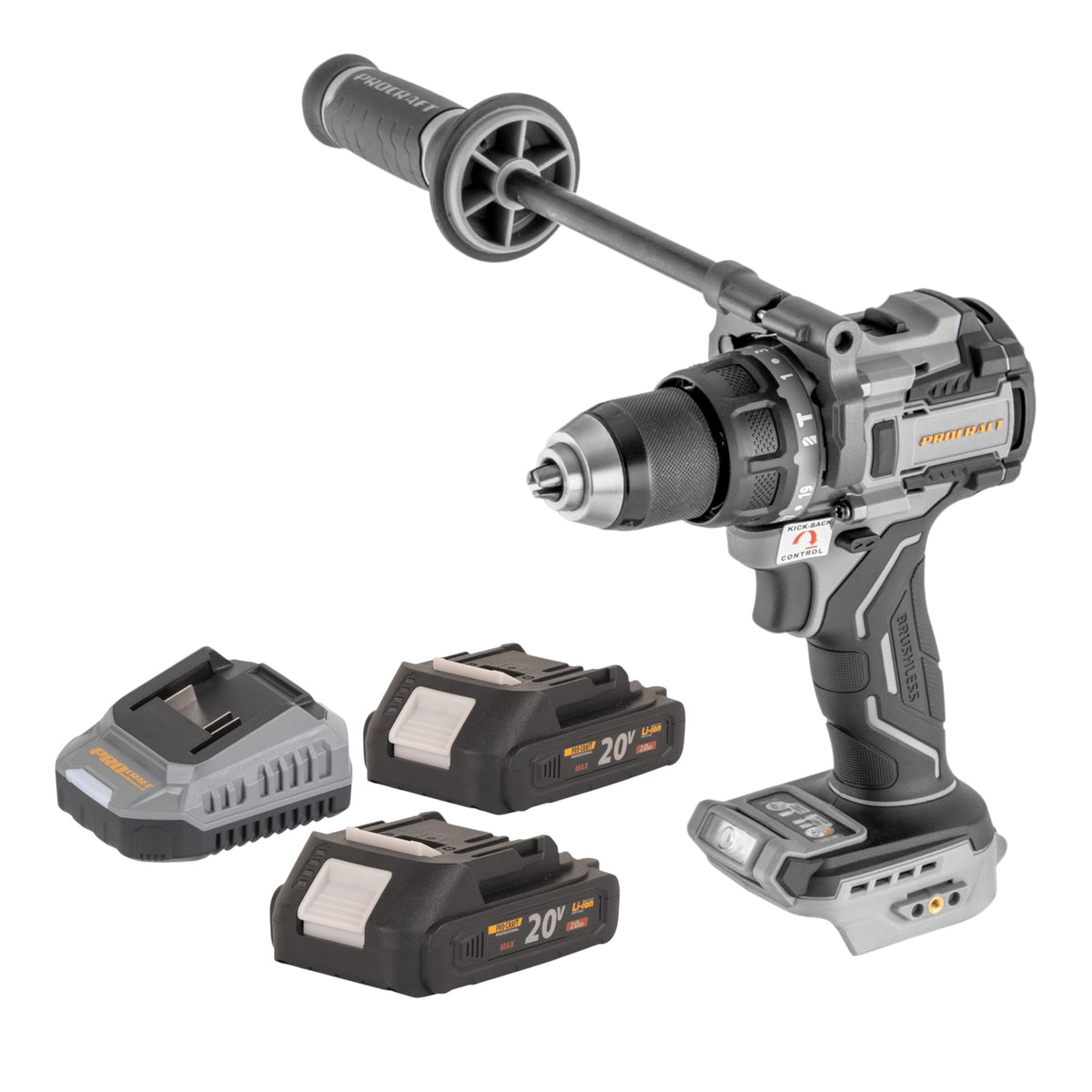 ProCraft Industrial CD20C-BB Akku Schlagbohrschrauber 20 V 120 Nm Brushless + 2x Akku 2,0 Ah + Ladegerät