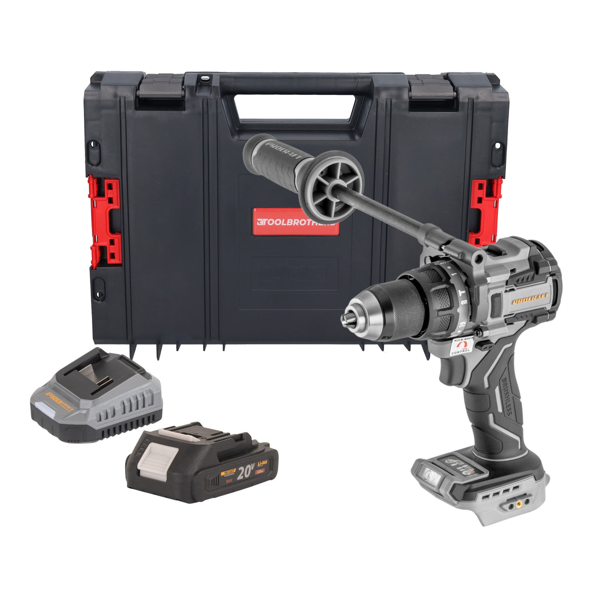 ProCraft Industrial CD20C-BB Akku Schlagbohrschrauber 20 V 120 Nm Brushless + 1x Akku 2,0 Ah + Ladegerät + RHINO Toolcase