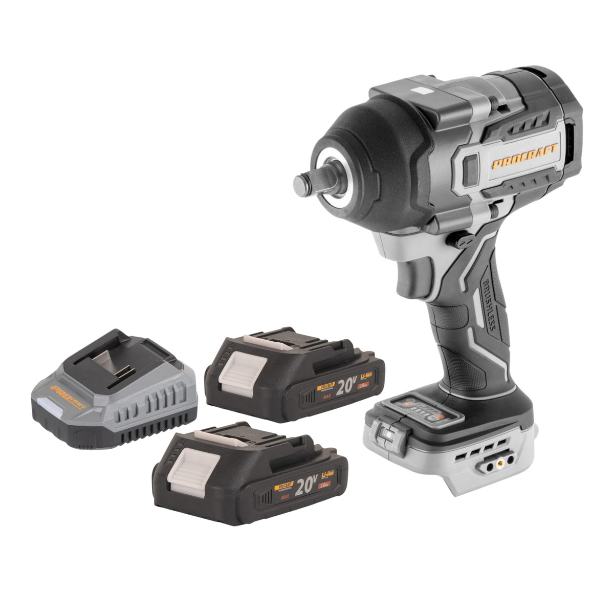ProCraft Industrial IW850A-BB Akku Schlagschrauber 20 V 850 Nm 1/2" Brushless + 2x Akku 2,0 Ah + Ladegerät