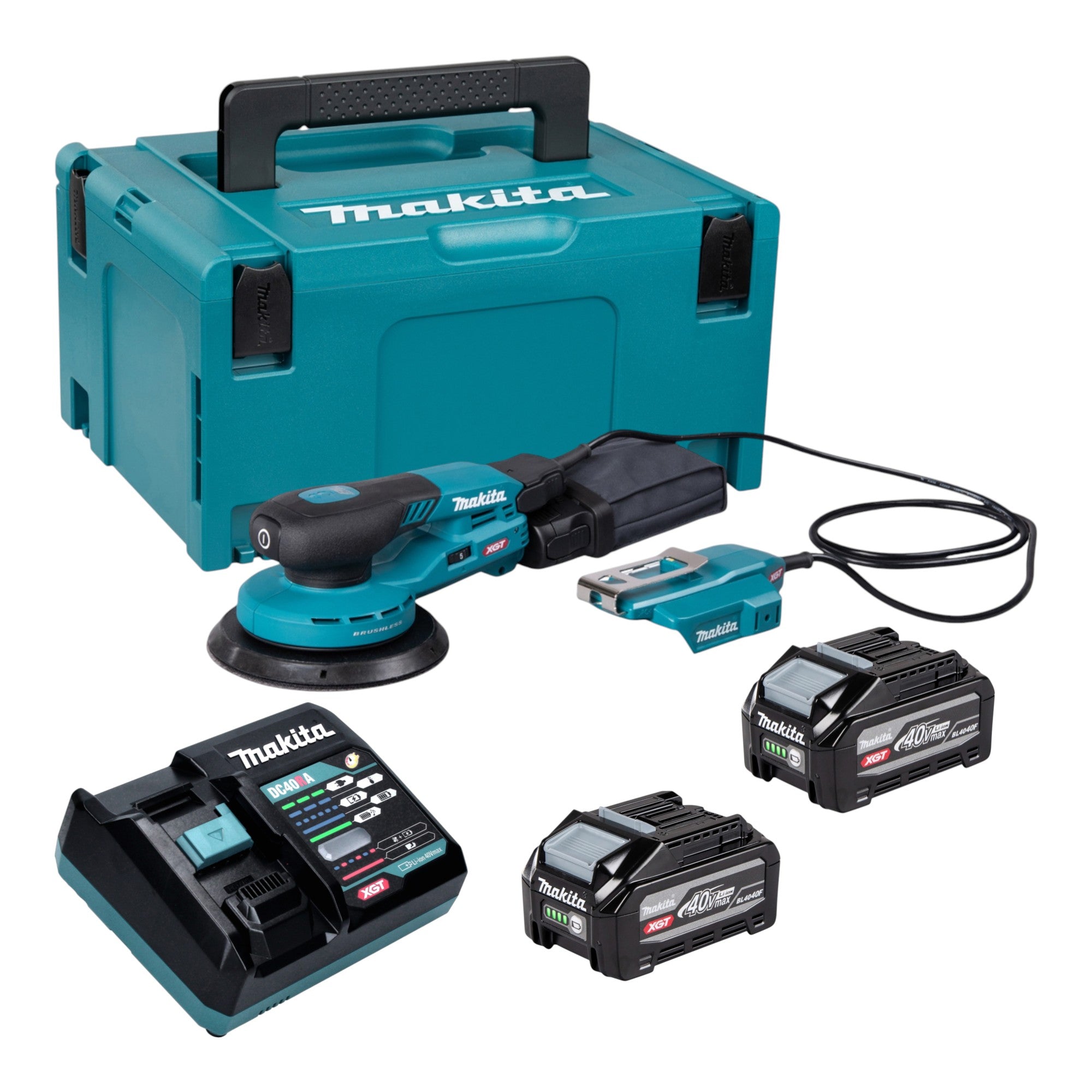 Makita BO 004 CGU201 Akku Exzenterschleifer 40 V max 150 mm 3 0 mm Hub Brushless 2x Akku 4 0 Ah Ladegeraet Makpac 0 - toolbrothers