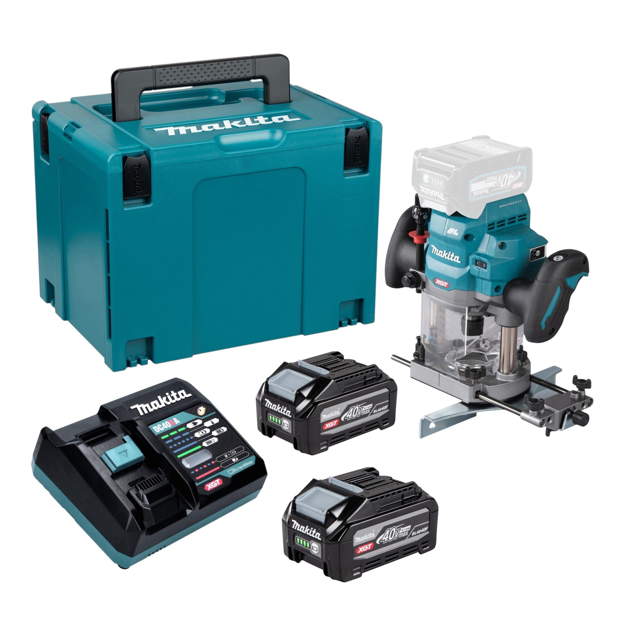 Makita RP 001 GU201 Akku Oberfraese 40 V max 12 mm Brushless 2x Akku 4 0 Ah Ladegeraet Makpac 0 - toolbrothers