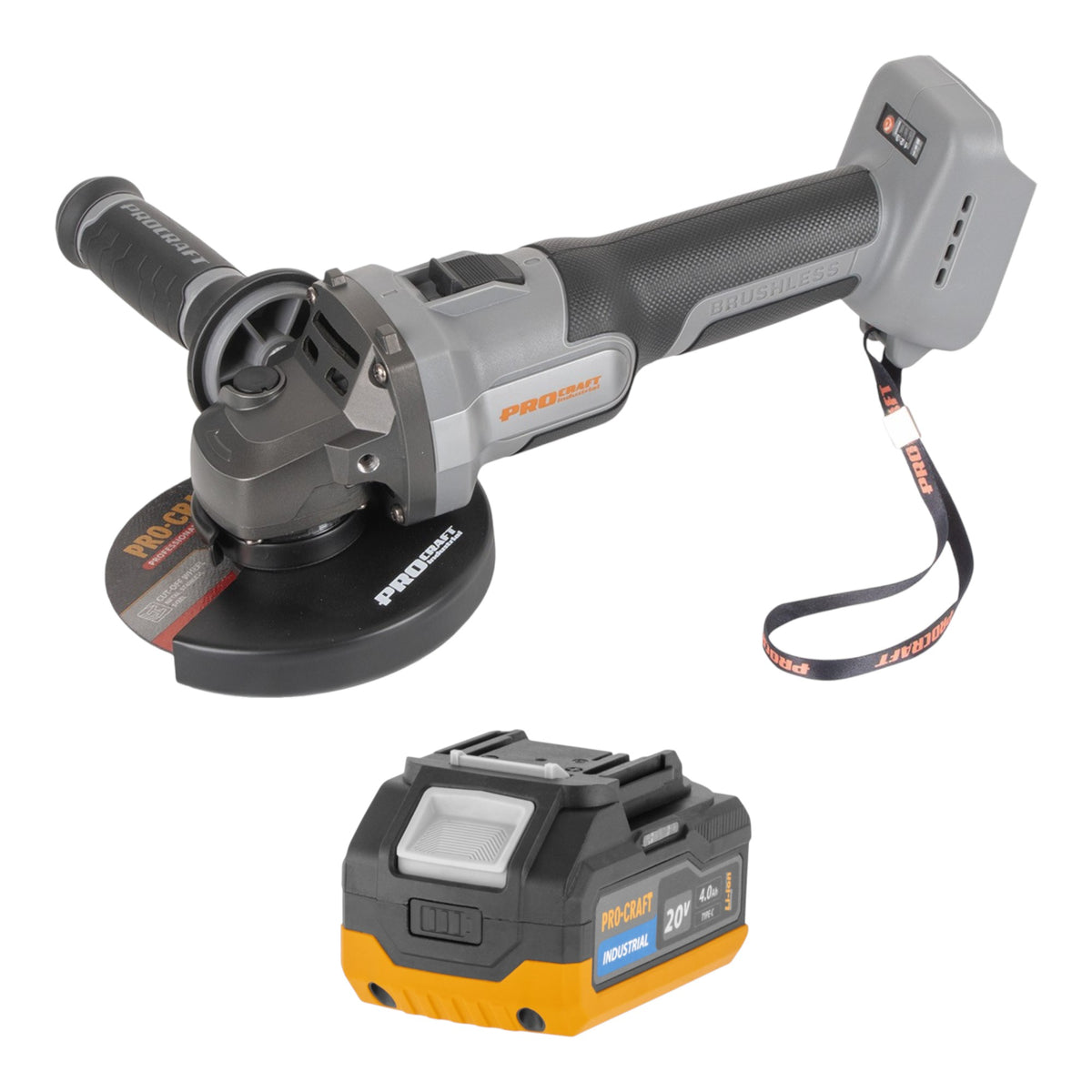 Procraft Industrial AG125Abb Akku Winkelschleifer 20 V 125 mm Brushless + 1x Akku 4,0 Ah - ohne Ladegerät