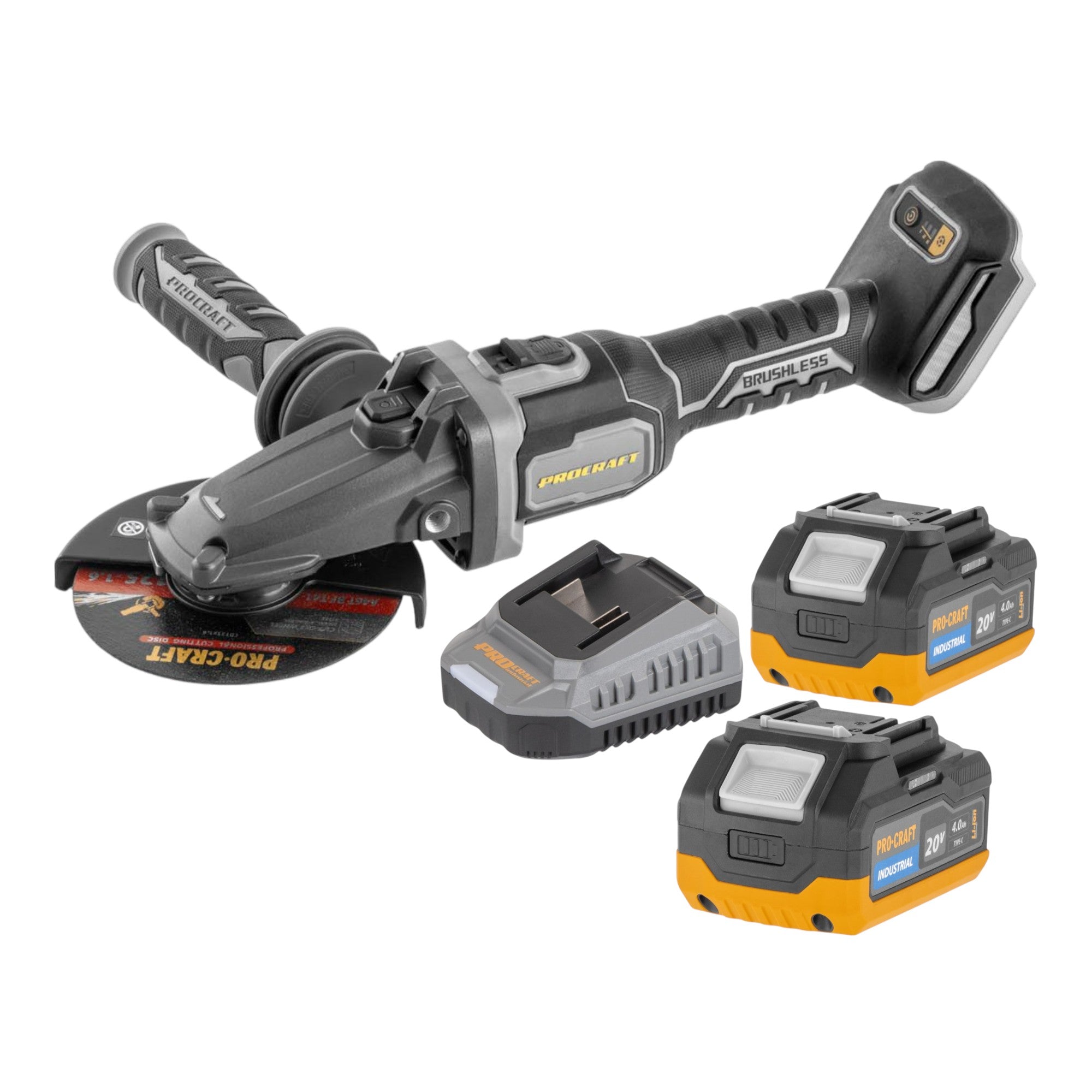 Procraft Industrial AG125Cbb Akku Flachkopf Winkelschleifer 20 V 125 mm Brushless 2x Akku 4 0 Ah Ladegeraet 0 - toolbrothers
