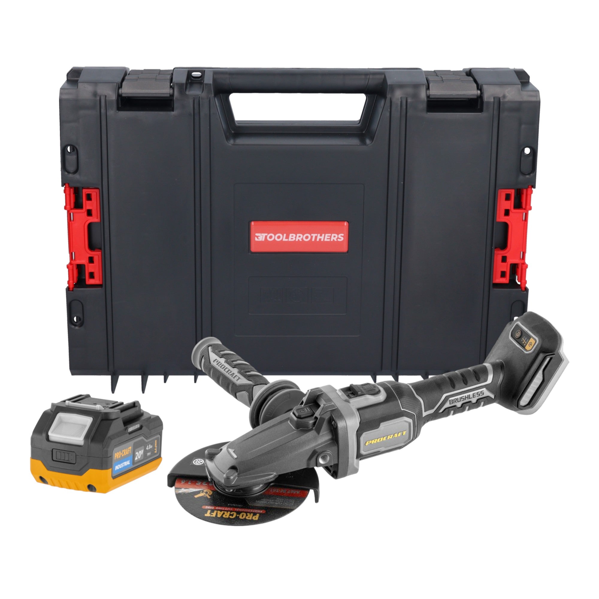 Procraft Industrial AG125Cbb Akku Flachkopf Winkelschleifer 20 V 125 mm Brushless 1x Akku 4 0 Ah RHINO Toolcase ohne Ladegeraet 0 - toolbrothers