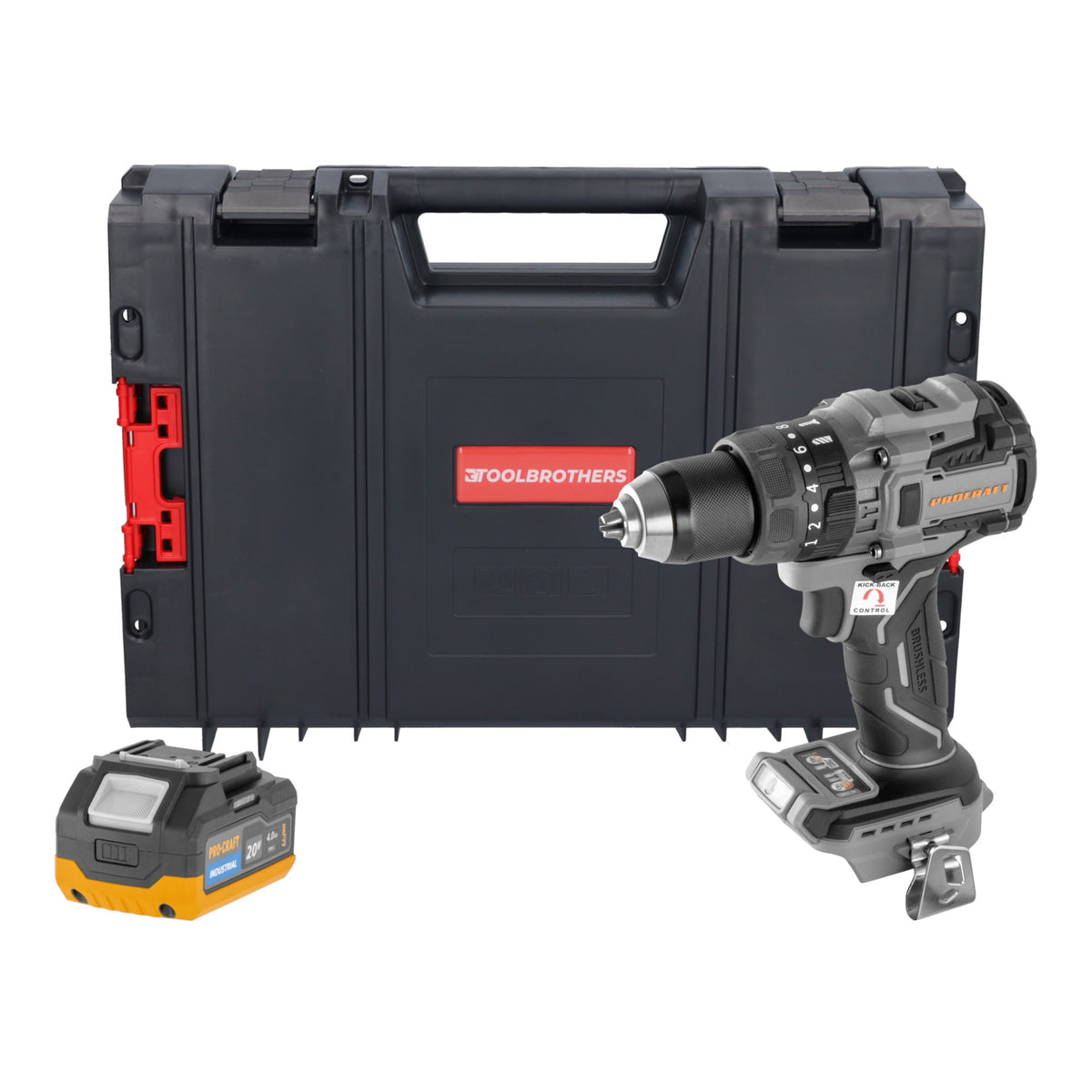 Procraft Industrial CD20B-BB Akku Schlagbohrschrauber 20 V 150 Nm Brushless + 1x Akku 4,0 Ah + RHINO Toolcase - ohne Ladegerät