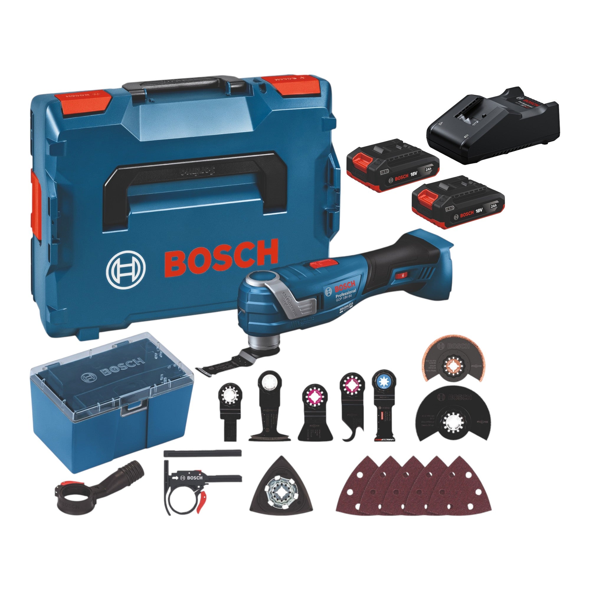 Bosch GOP 18V 34 Professional Akku Multi Cutter 18 V Starlock Plus 2x Akku 2 0 Ah Ladegeraet 17 tlg Zubehoer L Boxx 0 - toolbrothers